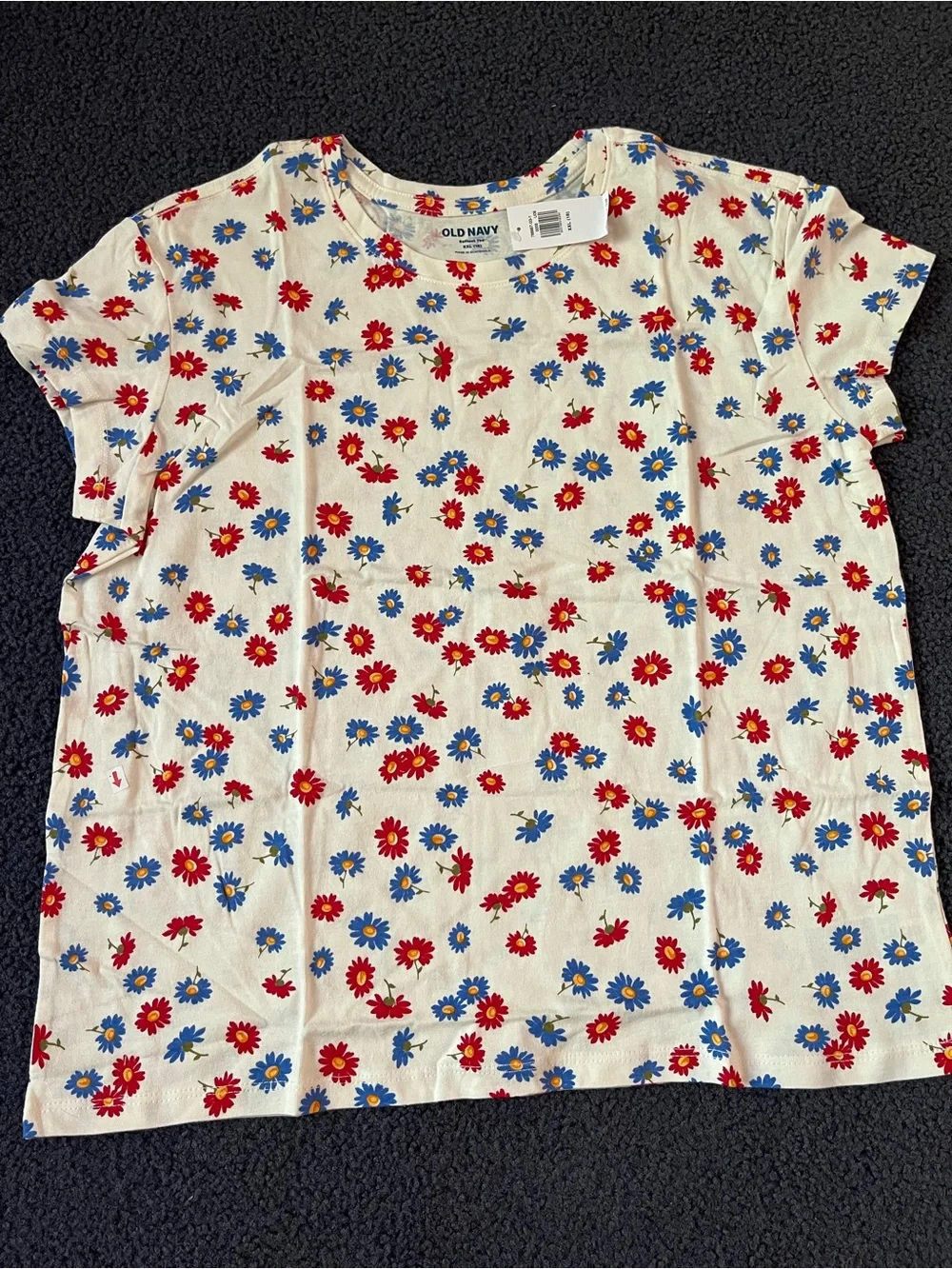 Old Navy Cream Short Sleeve Tee with Red & Blue Floral Print